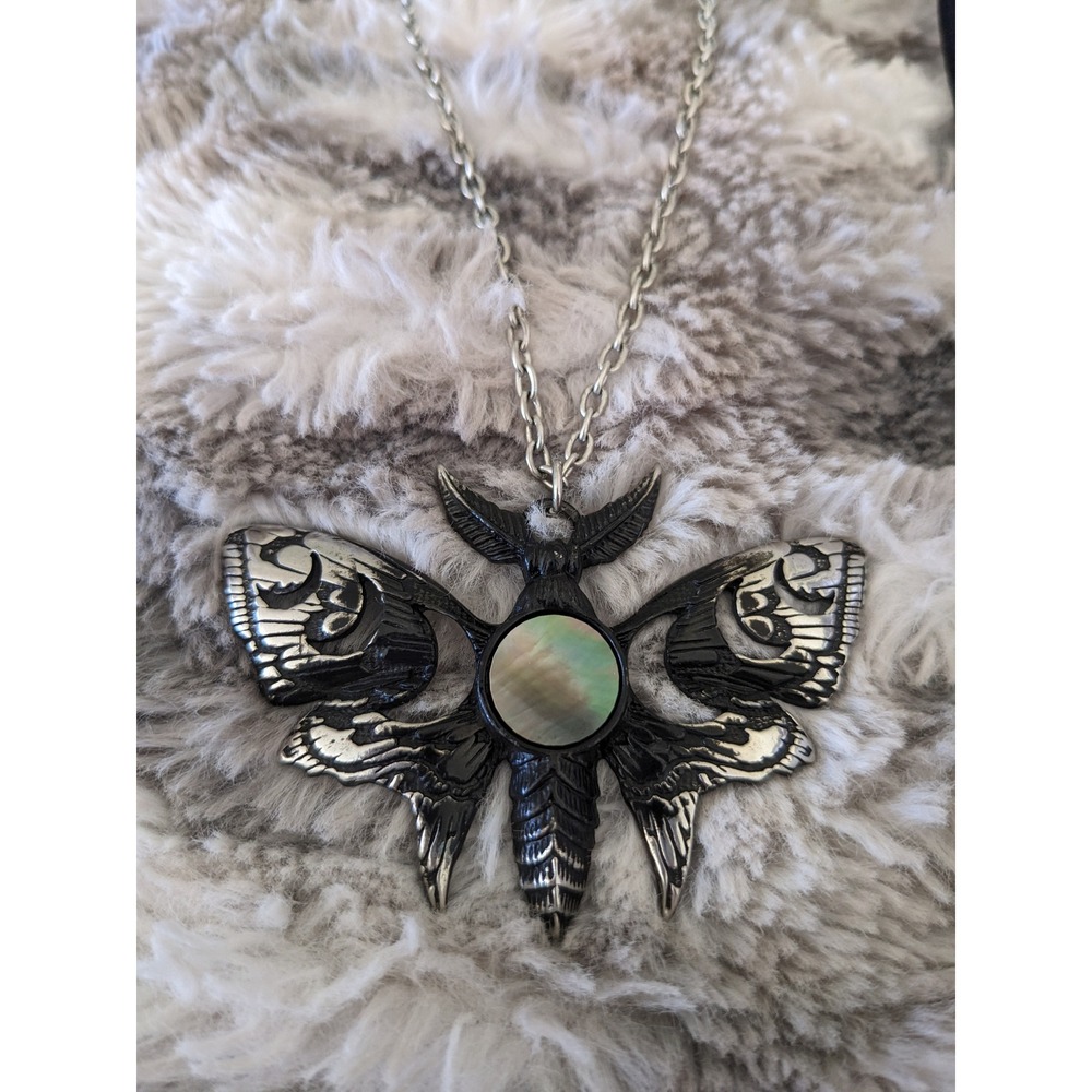Midnight Hour Lunar Moth Necklace Alchemy England Gothic Abalone Pendant Silver